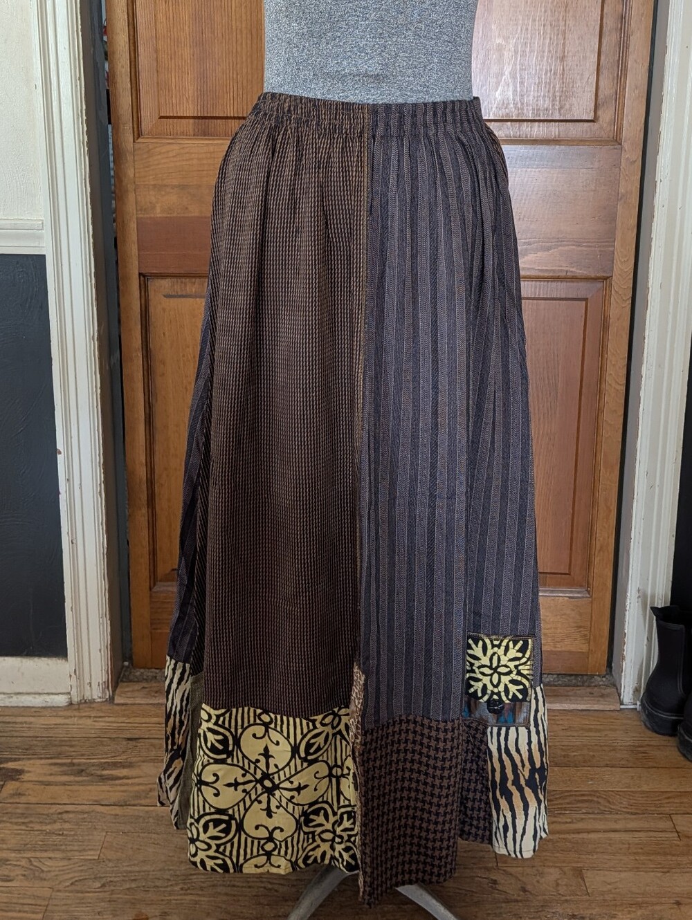 Vanity Brown Patchwork Maxi Skirt with Cream Accents